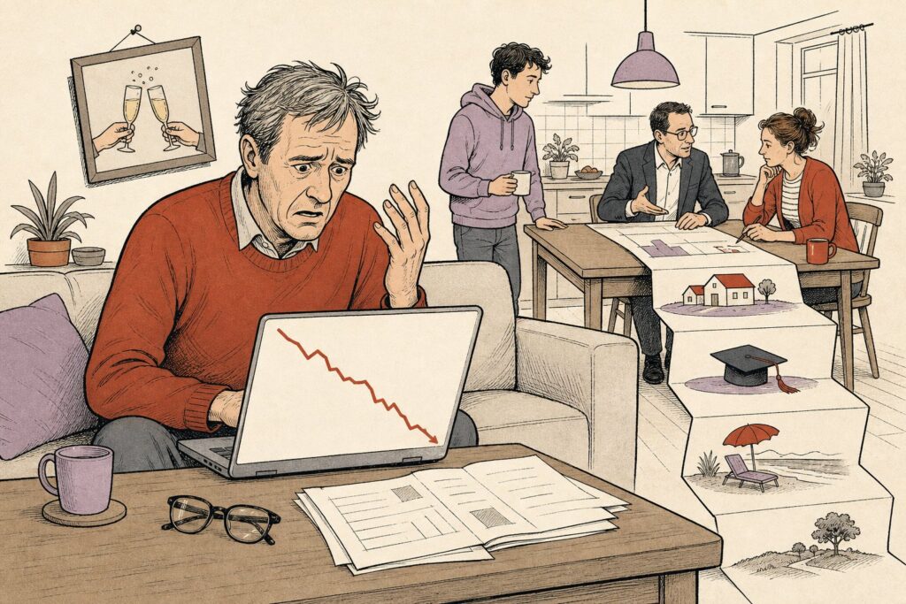 Spaarder kijkt thuis op zijn laptop naar een sterk dalende koersgrafiek