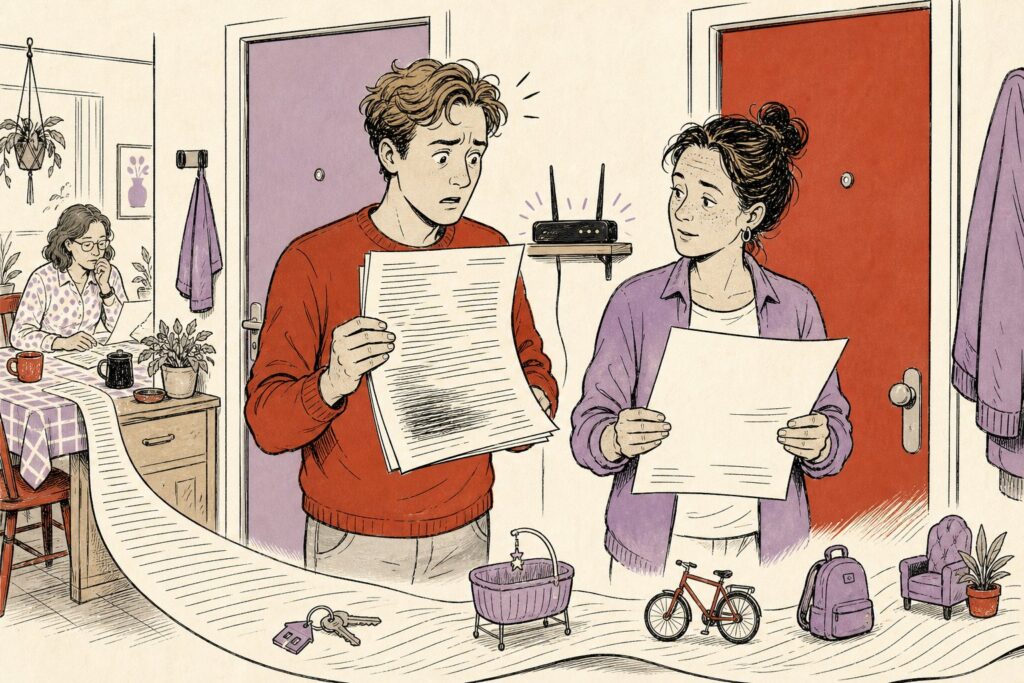 Illustratie: twee buren in een portiek vergelijken hun internetrekening, een router knippert op de plank ertussen
