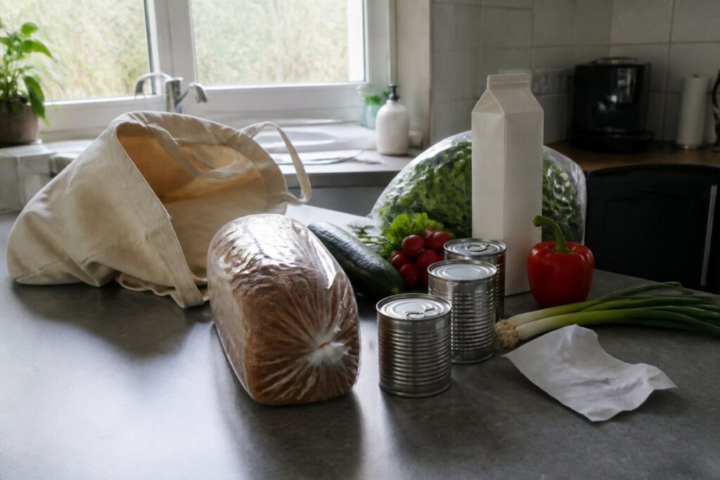 Brood, groente, melk en blikken uit een boodschappentas op een keukenaanrecht bij daglicht