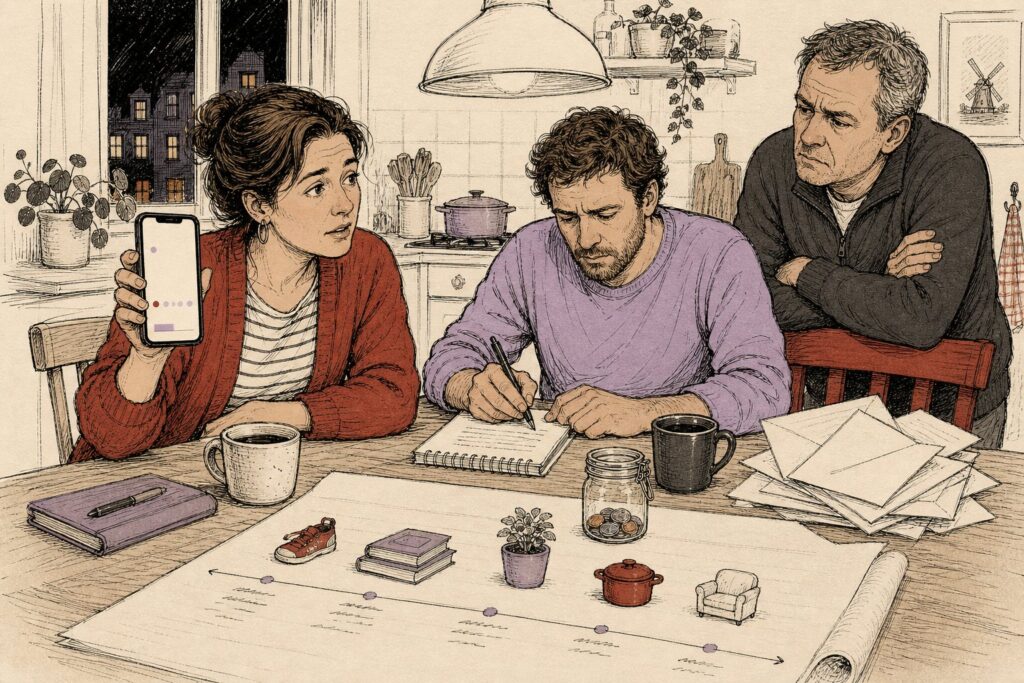 Illustratie: stel aan de keukentafel rekent de spaarrente na op een notitieblok, buurman kijkt sceptisch mee
