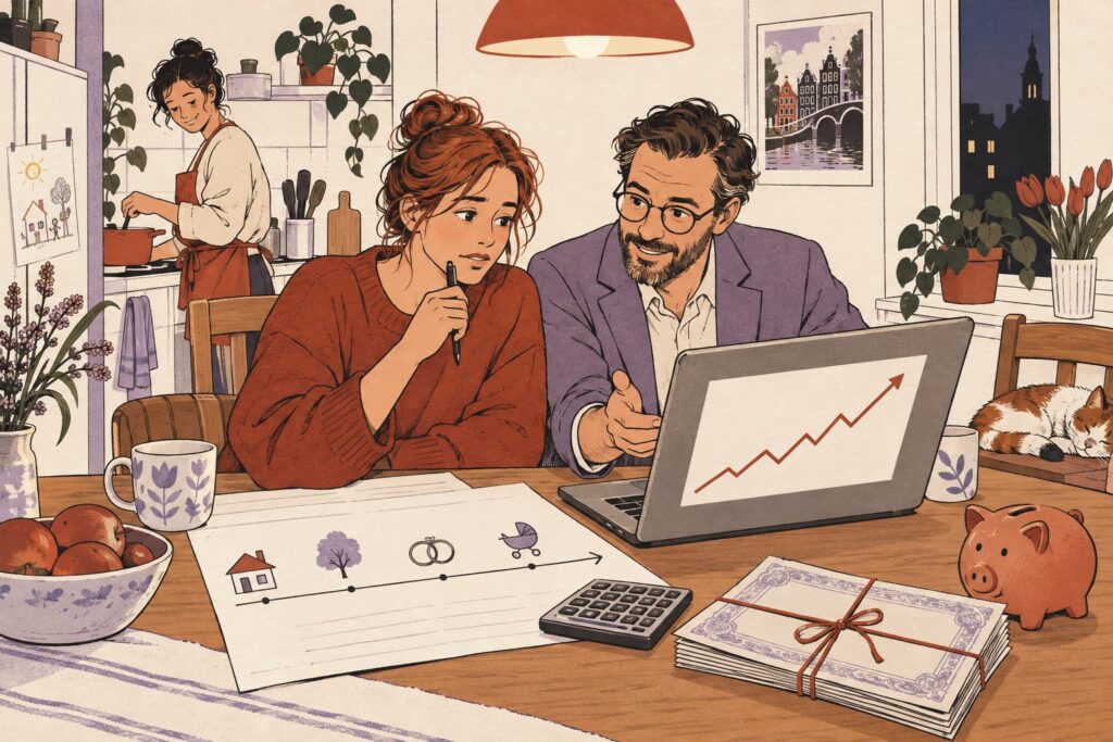 Illustratie: een financieel adviseur en een jonge huurder kijken aan de keukentafel naar een stijgende lijn op een laptop, met een kasboek, rekenmachine en spaarvarken
