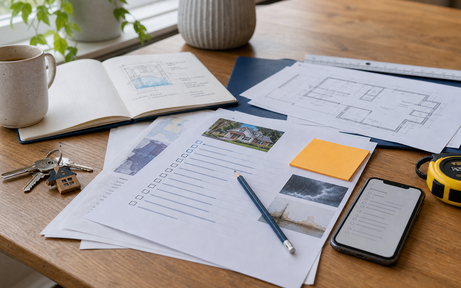 Woonverzekering checklist met sleutels, plattegrond en schadevragen